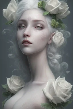 white girl, white hair, body, white roses, Camilla d'Errico, fantasy art, concept art, hyper detailed, beautiful, complex, trending on artstation, cinema4d, cryengine, national geographic photo, chiaroscuro A whitehaired Victorian woman with skulls and green flowers, high quality art, hyper detailed, beautiful, complex, trending on artstation, cinema4d, cryengine, national geographic photo, chiaroscuro