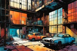 create a wildly abstract illustration of a highly detailed gritty and rusted Victorian industrial warehouse artist's loft apartment in the comic book art style of Bill Sienkiewicz, and Jean Giraud Moebius, finely textured, drawn, colored, and inked