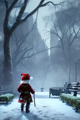 kid from back in Central Park abandoned sad tired on christmas night with christmas decoration, snow, wet, 4k, besta quality, intricate