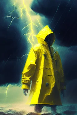 dead seafarer i yellow raincoat, storm, lightening, depth of field, fantasy art, 4k, highly detailed, sunlight through clouds