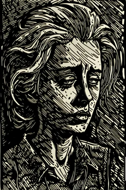create an abstract, deeply powerful tragic and evocative, portrait woodcut of a raw and weathered gothpunk female with highly detailed and deeply cut facial features, lost in a horrific post apocalyptic world, in the style of KATHE KOLLWITZ , searing lines and forceful strokes