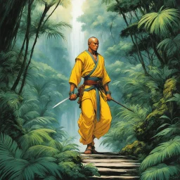 (in the style of Orion, by Masamune Shirow) a Shaolin monk exploring the jungle