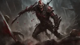 a rotting zombie attacking. carnage. blak mist ind the eyes. armor melted into the skin. blood. broken bones. bleeding eyes. broken fangs. broken jaws. broken armor. gloves.intense horror. blind terror. scared to death. no weapons. no helmet. a masterpiece, fantasy concept art, dynamic lighting, hyperdetailed, intricately detailed, deep color, Unreal Engine, volumetric lighting, Epic cinematic brilliant stunning intricate meticulously detailed dramatic atmospheric maximalist digital matte painti