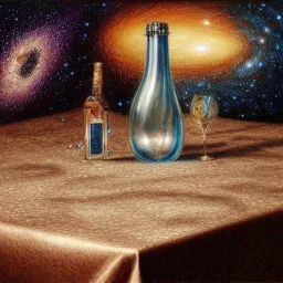 high-quality, fine-detail universe with milkyway in a bottle on a tablecloth, melted crayon drawing, artwork, 8k, intricate, detailed, illustration, brian froud, howard lyon, george grie, ben goossens, anna dittman, jeffrey robert, don marco