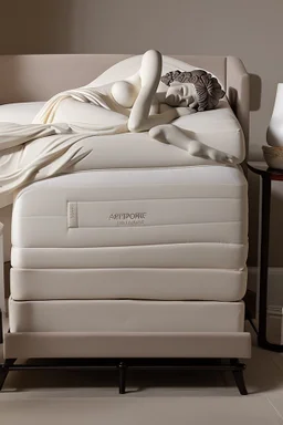greek statue sleeping on a Tempur-Pedic bed with luxurious bedding