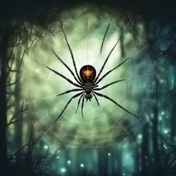 Orb Spider hanging in a shimmering web, in translucid luminescence art style, background forest