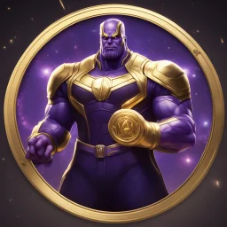 thanos with infiniti gauntletlogo animated inside a golden medalion