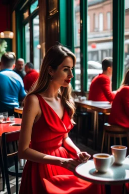 woman whit a red dress having a coffe in a cafe near the windoe and the people in other tables unfocaused