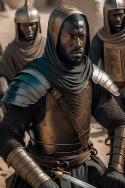 A picture of a black-skinned Muslim man, a knight, witnessing battles