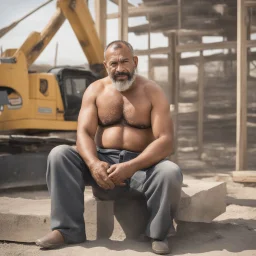 photography of a arab ugly burly serious wet sweaty, beefy strong fat carpenter, shirtless, in overall, bulge, manly chest, very hairy, big goatee 50 years old, short hair, sitting with open legs on a little chair , on a construction site in the middle of a road, under the August sun, emotional eyes, , hyper-realistic, photorealistic , frontal view from the ground