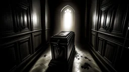تابوت يفتح وتخرج منه اشباح مخيفة. في ممر مظلم