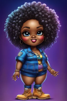 vibrant psychedelic pop punk image, airbrush, 48k, cartoon art image of a plus size chibi dark skinned Black female wearing a sapphire blue jean outfit with timberland boots. Prominent make up with brown eyes and lush lashes. Highly detailed tight curly ombre afro