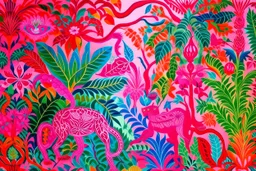 A pink jungle with bramble vines designed in Oaxacan Alebrijes painted by Claude Monet