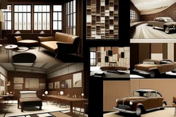 mood board for architectural graduation project and its a museum and the colors are brown and the furniture for a car museum