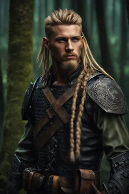 photorealistic hyperdetailed portait of 20-year-old german male, as mercenary with long blonde undercut hair, tribal tattoos and neatly trimmed beard wearing modern mercenary uniform dark fantasy forest backdrop