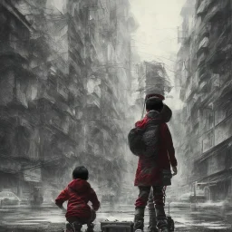 just a distant japanese boy, photo from behind, black hair, sitting on floor, akira red jacket with pill in the back, tokyo post apocalyptic, rain, extremely detailed, extremely realistic