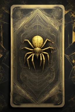 sacred geometry framed playing card brittle parchment, black and yellow spider with shadows boss card in the style of Giger and fallout 4 ,,bokeh like f/0.8, tilt-shift lens 8k, high detail, smooth render, down-light, unreal engine