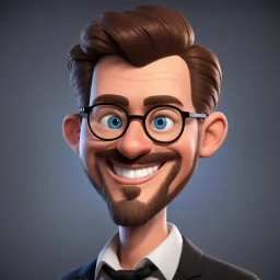 a portrait of smiling western man. caricature. brown short hair. light skin. blue eye pupils. rectangle eyeglasses, black frame. heart face shape. has a lot of goatee. wear black formal dress. pixar style. 3D. 4k. portrait. highly detailed. sharp focus. high resolution. full color. cinema lighting