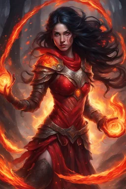 Capture the fierce essence of a female Paladin Druid, her eyes resembling fiery orbs, shining with a bright and intense red glow as she adeptly conjures flames with her hands. Bright black hair cascades down, each strand seemingly ablaze as if fire emanates effortlessly from its core. Clad in lightweight magical armor, she forgoes heavy protection, relying on her mastery of magic and fire. A prominent scar on her face tells tales of battles faced and conquered, all against the canvas of her tan