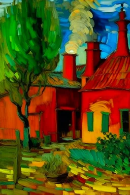 A red volcanic furnace factory painted by Vincent van Gogh