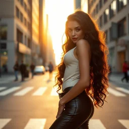 Create an ultra-realistic cinematic 8K fullbody of lady mode skin texture, add makeup,pretty boots,curvy long hair. Style: fashion editorial, confident posing standing in streets of a modern city. Lighting: warm golden hour sunlight, soft rim light. Camera look: shallow depth of field, film grain, cinematic color grade.
