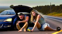 man and crying lady on side of the road inside broken down jetta