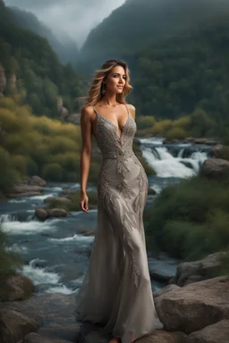 full shot body photo of the most beautiful artwork in the world featuring model, happy mood, High Detail, dramatic, photo realistic, ultra sharp, ultra hd, hyper realistic, ultra realistic, ((((dress)))), trending on artstation, sharp focus, studio photo, intricate details, highly detailed, standing in nice pose in country side with river ,water fall ,rocky valley,mountains at background, pretty clouds