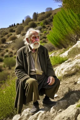 Blind old man on a hillside in Greece