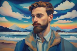 Gabriele Munter oil painting tufting tapestry high quality double-exposure photo handsome young beard ACTOR, wears Joe Casely-Hayford hipster fashion, artistically blended with a Icelandic Dawn Aurora Borealis mountain beach landscape, austrian symbolism, double exposure, (illusion:1.2), mixture, (blue background:1.2), foreground clouds, (digital art:1.3), make up, impasto art style