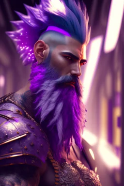 photorealistic warrior, hyperdetailed painting, luminism, Bar lighting, complex, purple mohawk, 4k resolution concept art, Artgerm, WLOP, Alphonse Mucha, 3d render, octane render, intricately detailed, cinematic, awesome full color, hand drawn, dark, gritty, cinematic, purple beard, wyvern