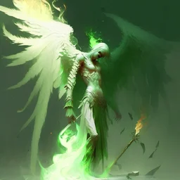angel caido de piel verde palido sin cara empuñando una lanza en llamas