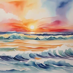 Craft an abstract watercolor masterpiece with wavy lines and curves, capturing the essence of a serene beach at sunset. Use vibrant colors to evoke the warmth of the setting sun, blending seamlessly with the tranquil waves and sandy shores.