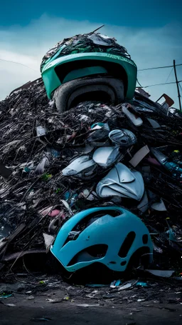 An awardwinning photo of a bicycle helmet on top of a huge pile of trash