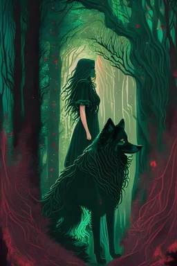 In the heart of a dense and enigmatic forest with towering ancient trees cloaked in emerald foliage stood a bewitching witch possessing an ethereal allure her lustrous hair cascading in ebony waves down to her slender waist In her captivating presence a faithful companion a majestic canine of Belgian shepherd lineage roamed at her side its eyes illuminated by an otherworldly crimson glow exuding an aura both mysterious and demonic