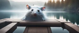 close up on huge dented glowing ghost transparent rat in fast boat with googly eyes, raised by ninja necromancer in the wild, on wooden bridge by lake in surreal reflecting stone chrome landscape, background motion blur, volume light fog, rays, 4d maze