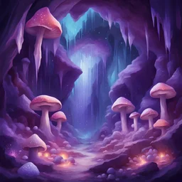 Iridescent geode of violet and deep purples in a giant cavern filled wtih glowing mushrooms crystals and strange life,in effervescent art style