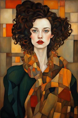 Woman in the style of argon Schiele + Gustav Klimt. Rich, lovely colors, full cubism style