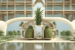 A tourist resort in the shape of a pineapple, interior design, facade, section, 3D