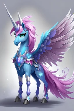alicorn pink, wearing thick crystal purple armour, glacial blue eyes