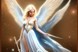 beautiful angel woman, blue eyes, blond long hair, white wings, white and gold dress, stars