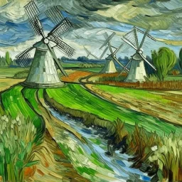 A silver colored pastures with windmills painted by Vincent van Gogh