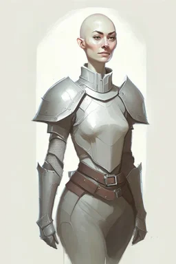 full length colour drawing, portrait, 22-year old friendly slender female human cleric, shaved head, light eyebrows, grey eyes, wearing armour