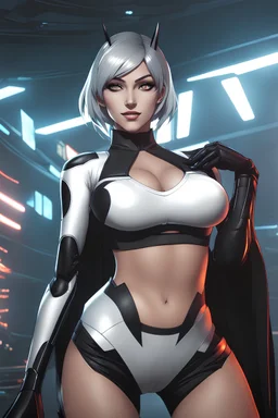 Attractive female cyborg assassin, Wearing A black bodysuit, Black Leggings, Smiling Coyly, dark eyeshadow, Intricate Eyeliner, Anime Style, Retroanime, Video Game Character