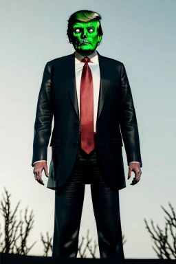 Ultra realistic image, Donald trump zombie, zombie performance, suit, skull, blood, torn arm, night, walking twisted, waist up view, thriller style, dark ambient, highly detailed, White House background, concept art, unreal engine 5, ray tracing, RTX, ultra detail, volumetric lighting, high definition, high resolution.