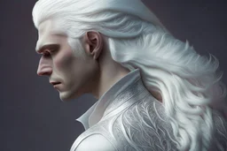 A Fantasy Human, a white masculine human with medium white hair. Magical scars. Full body, side view. HD