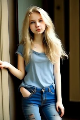 pretty girl, aged 14, blonde, conventionally attractive, dreamy, full body, jeans, tight top