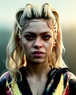 portrait, Shakira, blonde artist, angry, Realistic image, MMA robe, hoodie, mouthguard, nose, band aid, loose long hair, eyes make up, line gold make up, glow, circle iris. Rain, fog, Neon colors, leds. Dark background, photo studio, concept art, smooth, unreal engine 5, god lights, ray tracing, RTX, lumen lighting, ultra detail, volumetric lighting, 3d, finely drawn, high definition, 4k.