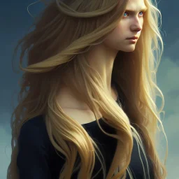 girl, beautiful, long hair, wavy hair, blonde hair, skinny, blue eyes, black outfit, head and shoulders portrait, 8k resolution concept art portrait by Greg Rutkowski, Artgerm, WLOP, Alphonse Mucha dynamic lighting hyperdetailed intricately detailed