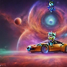 God like, Single extremely detailed Ferrari/Porsche style car (Centered on image), moving on a silk road through the galaxy, symetrical, HD, 4k, 8k, neon glow, Power colors