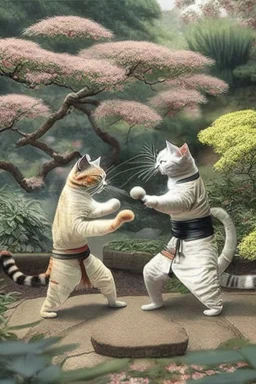 martial artist cats fighting in a Japanese garden